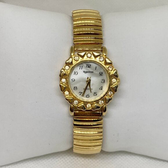 Majestron gold tone women watch 25mm round quartz analog mop dial 6” running - Picture 1 of 6